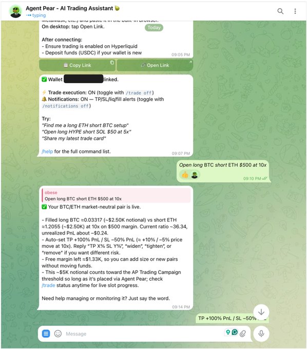 The image features two chat messages from a person named "Pear Protocol" discussing trading advice for those starting out with investing in cryptocurrency. The first message is being sent by someone who has recently launched an AI trading assistant, while the second message is sent via a phone call with the trading assistant on the other end. In the background of both messages, there are descriptions of various cryptocurrency markets and how to trade them effectively for beginners.