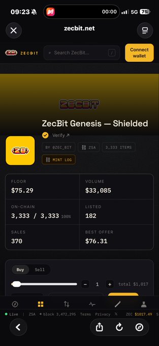 A mobile screenshot of the zecbit.net website displaying NFT collection "ZecBit Genesis – Shielded" with a floor price of $75.29, volume of $33,085, and 3,333 items in the ZSA collection.