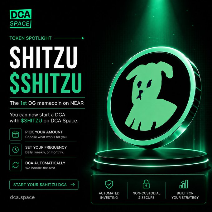 Promotional graphic for DCA Space's "$SHITZU Token Spotlight," highlighting it as "The 1st OG memecoin on NEAR" and featuring a glowing green 3D coin with a dog mascot, alongside three steps—Pick Your Amount, Set Your Frequency, and DCA Automatically—mirroring the post's call to stack $SHITZU automatically through scheduled investments at dca.space.
