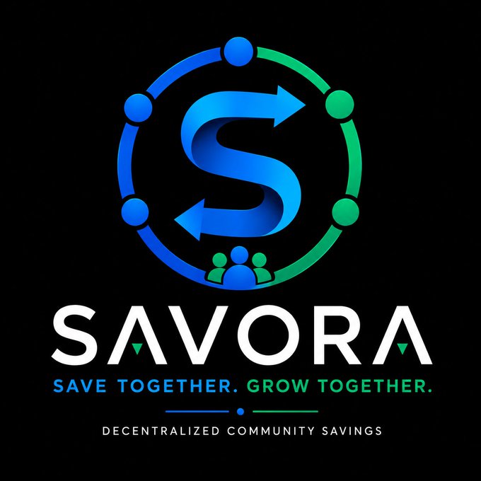 Logo for SAVORA with a circular blue and green emblem featuring a stylized 'S' with arrows, accompanied by the tagline 'SAVE TOGETHER. GROW TOGETHER.' and 'DECENTRALIZED COMMUNITY SAVINGS'.