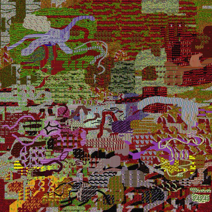 An abstract digital artwork featuring chaotic layered patterns, glitch effects, and fragmented shapes in red, green, purple, and gold tones.