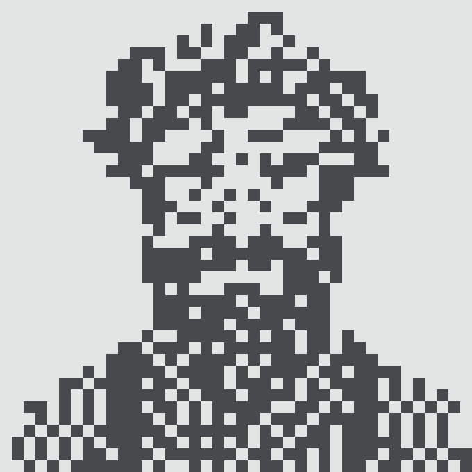 A pixelated low-resolution dark gray silhouette of a person rendered in a blocky, retro 8-bit style.