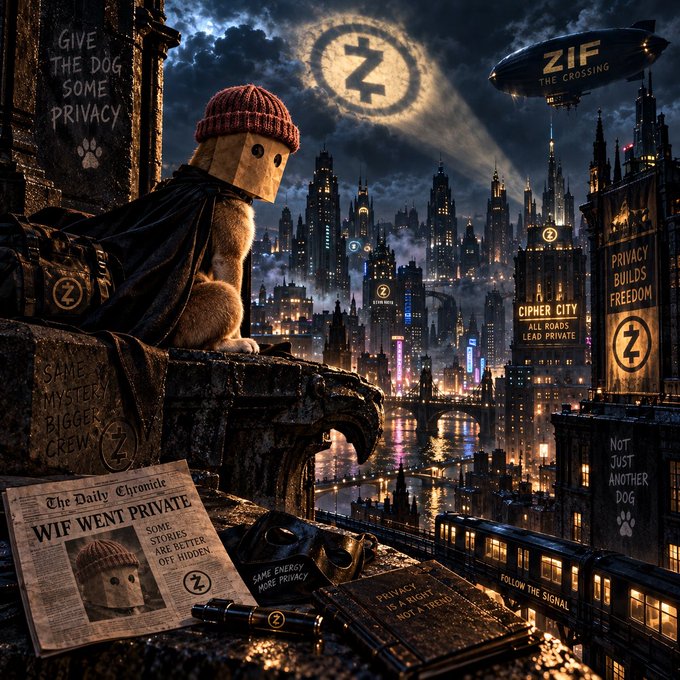 A cyberpunk-style illustration of a dog wearing a paper bag hat sitting on a ledge overlooking 'CIPHER CITY' at night, with signs reading 'GIVE THE DOG SOME PRIVACY', 'PRIVACY BUILDS FREEDOM', and a 'ZIF' blimp in the sky.