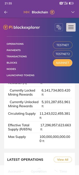 A mobile screenshot of the Pi blockchain explorer app showing cryptocurrency statistics including 'Currently Locked 6,141,734,803.420 π', 'Circulating Supply 11,243,022,455.381 π', and 'Max Supply 100,000,000,000.000 π'.