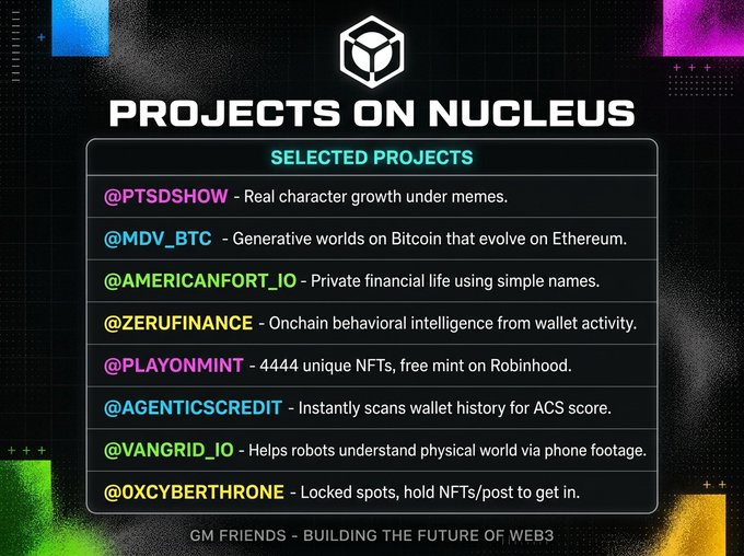 A promotional graphic titled 'PROJECTS ON NUCLEUS' listing selected Web3 projects including @PTSDshow, @MDV_BTC, @AmericanFort_io, @Zerufinance, @Playonmint, @AgenticsCredit, @VangridIo, and @Oxcyberthrone, with the tagline 'GM FRIENDS - BUILDING THE FUTURE OF WEB3'.