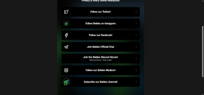 A mobile screen showing a list of social media and community links for 'Beldex,' including options to follow on Twitter, Instagram, Facebook, join the Discord server and chat, and follow on Medium.