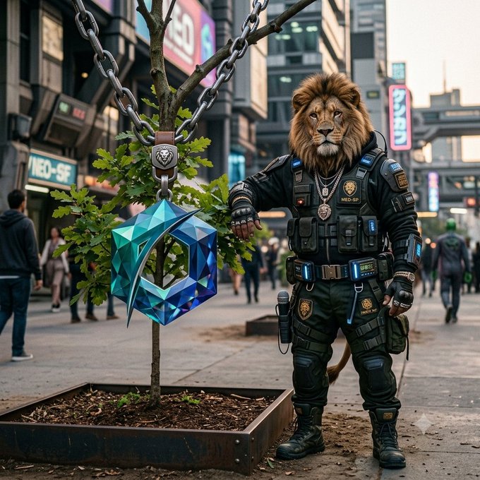 A digital illustration of an anthropomorphic lion dressed in a futuristic black tactical police uniform, standing next to a small tree adorned with hanging blue crystal chains on a city street.