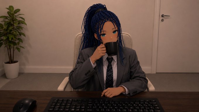 An anime figurine of a blue-haired character in a gray business suit holding a black mug sits at a desk with a computer keyboard and mouse.