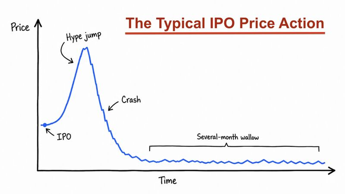 A line graph shows the typical ipo (IPO) price action for an IPO, including a dip that eventually bounces back up again, and a crash followed by several months of wallowing as the company tries to recover its losses from the initial drop in stock price.