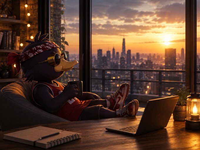 The image features a cartoon duck sitting at a desk with a laptop computer open in front of him. The duck appears to be wearing sunglasses and holding a cup, suggesting that he might be enjoying a relaxing afternoon or taking a break from work. There are also several books on the desk, indicating that the duck is likely engaged in some form of reading or studying. The background shows a city skyline at sunset, adding a serene atmosphere to the scene. The post seems to promote the idea of taking breaks and enjoying life's simple pleasures, such as spending time with pets or engaging in leisurely activities like reading or watching movies while appreciating the beauty of nature.