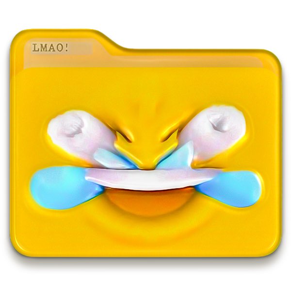 A yellow 3D-style folder icon with a distorted, melting laughing face featuring blue tears, labeled "LMAO!" on its tab.