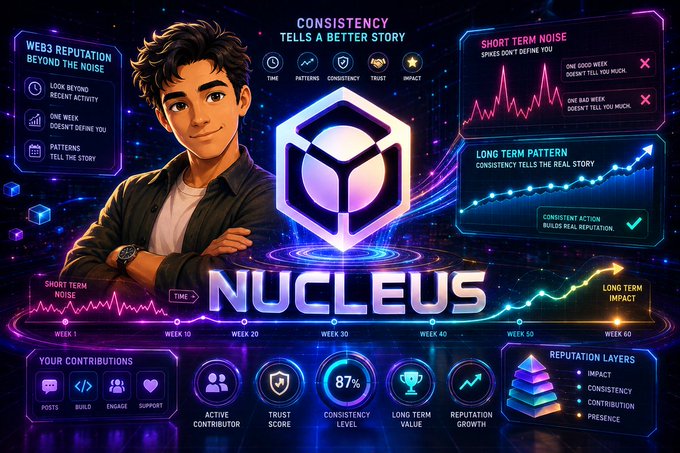 A vibrant neon-styled infographic titled 'NUCLEUS' with the tagline 'CONSISTENCY TELLS A BETTER STORY', featuring a cartoon avatar of a young man, statistics on web3 reputation including 87% consistency level, charts showing short-term noise versus long-term patterns, and reputation layers (Impact, Consistency, Contribution, Presence).