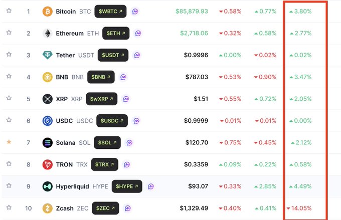 A cryptocurrency price list showing rankings, prices, and percentage changes for Bitcoin (BTC), Ethereum (ETH), Tether (USDT), BNB, XRP, USDC, Solana (SOL), TRON (TRX), Hyperliquid (HYPE), and Zcash (ZEC).