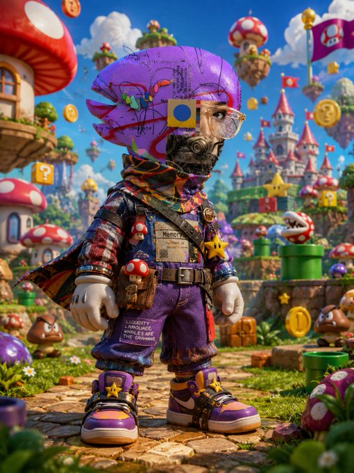 A 3D digital artwork of a character with a colorful, graffiti-style face mask and purple outfit, standing in a Super Mario-themed fantasy landscape with castles, mushroom houses, and flying islands.
