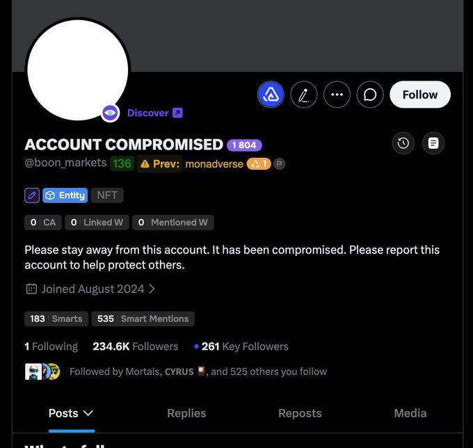 A screenshot of a social media profile for '@boon_markets' titled 'ACCOUNT COMPROMISED,' warning users to stay away and showing '234.6K Followers' along with '183 Smarts' and '535 Smart Mentions.'