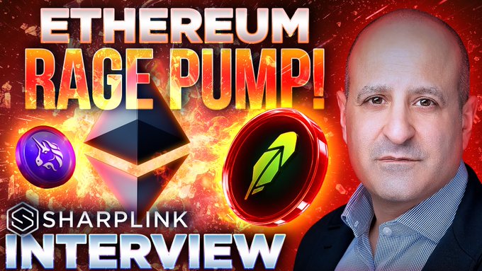 The image is a YouTube thumbnail featuring a man beside bold "ETHEREUM RAGE PUMP!" text, Ethereum and Sharplink logos, and a "SHARPLINK INTERVIEW" banner, promoting a discussion on positive ETH sentiment and its adoption super cycle.