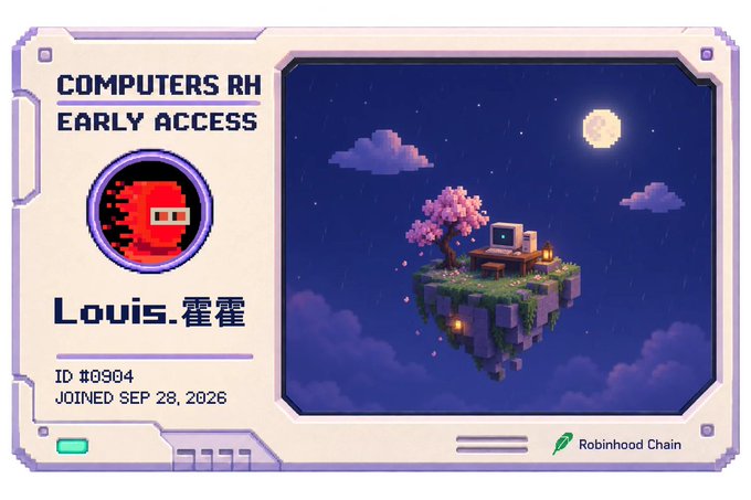 A pixel art 'COMPUTERS RH EARLY ACCESS' card for 'Louis.霍霍' (ID #0904, joined Sep 28, 2026) on Robinhood Chain, depicting a floating island with a cherry blossom tree and retro computer.
