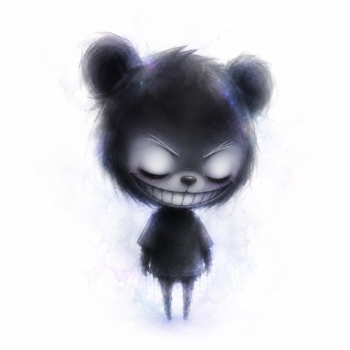A dark, stylized digital illustration of a chibi-like character with bear-like ears, a wide menacing grin showing many teeth, and closed eyes, surrounded by purple and blue misty effects.
