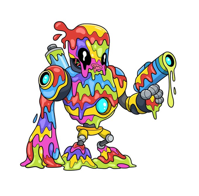 A colorful robot completely covered in dripping rainbow paint holds two paint cannons, fitting perfectly with the cheerful "gm" (good morning) greeting.