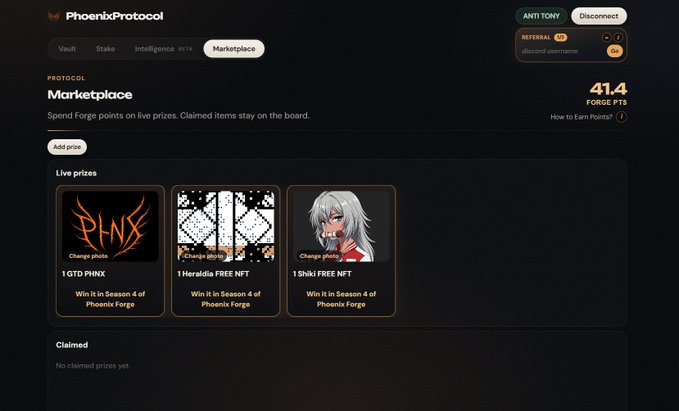 A screenshot of the 'PhoenixProtocol' Marketplace interface for a user named 'ANTI TONY', showing 41.4 FORGE PTS and live prizes including '1 QTD PHNX', '1 Heraldia FREE NFT', and '1 Shiki FREE NFT', all available to win in Season 4 of Phoenix Forge.