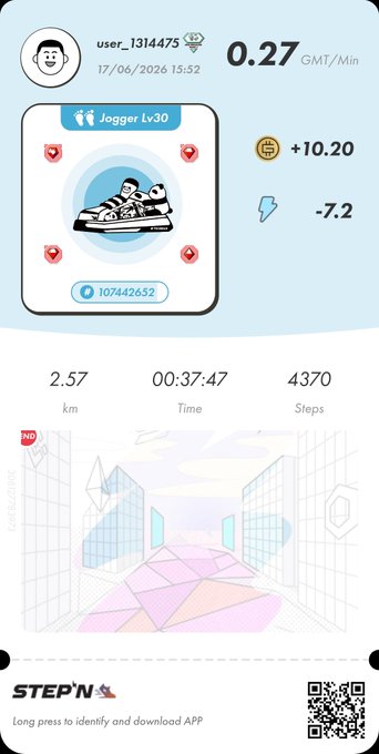 The image shows a screenshot of an app called "StepN" displayed on a phone screen, which appears to be a fitness tracking app. The app displays information about the user's activity, including their steps taken, distance traveled, calories burned, and other relevant data.