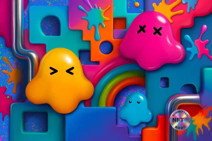 The image shows a colorful array of abstract shapes with a rainbow arch and a variety of colors, closely associated with the BoopTz collection by artist Sensaory. The accompanying text highlights that these are limited-edition NFTs, with a submission deadline of August 1st for artists to participate.