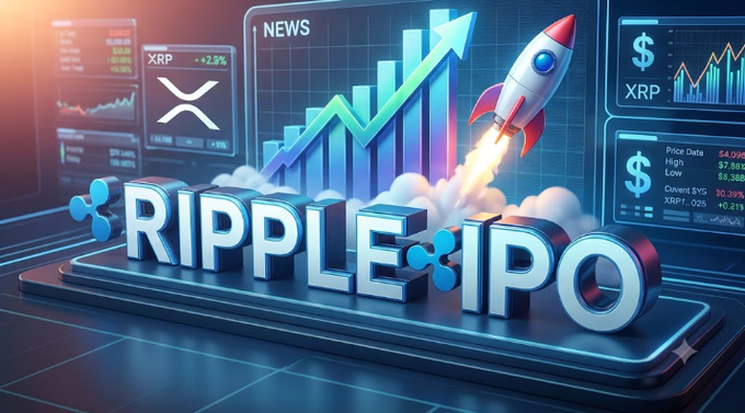 A vibrant 3D digital illustration advertises a "RIPPLE IPO" featuring blue 3D text, an XRP logo, a rocket ship, and stock chart graphs against a futuristic backdrop.