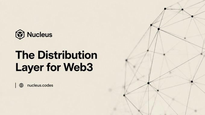A minimalist beige promotional graphic for 'Nucleus' with the text 'The Distribution Layer for Web3' and the URL 'nucleus.codes' next to an abstract network node design.