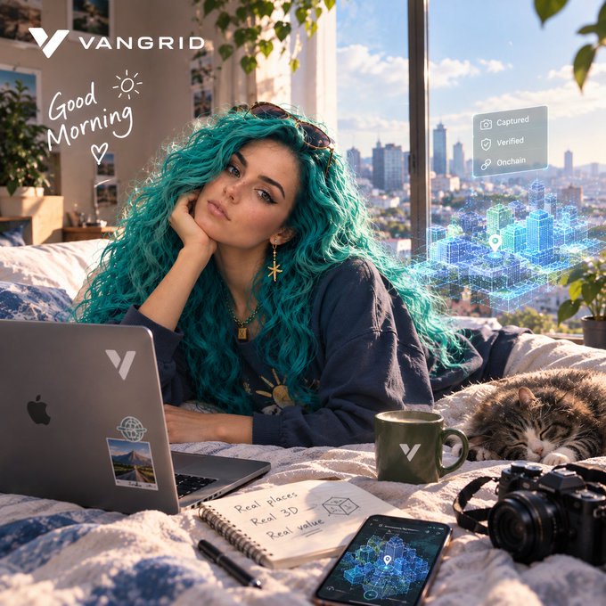 A young woman with vibrant teal hair relaxes on a bed with a laptop, coffee, notebook, camera, and smartphone, while a holographic 3D cityscape labeled with "VANGRID," "Captured," "Verified," and "Onchain" floats beside her alongside "Good Morning" text. The image visualizes the post's theme of Vangrid bridging real-world data capture with digital verification for autonomous AI systems.