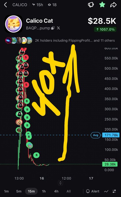 A cryptocurrency price chart for the meme token 'Calico Cat' (ticker: CALICO), showing a price of $28.5K with a 1057% increase and a market cap of $171.78K, marked with the handwritten yellow text 'XD'.