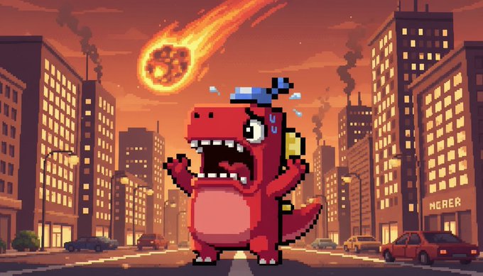A pixel-art red dinosaur with a panicked, screaming expression stands in a burning city as a fiery meteor plummets from an apocalyptic sky, with "MORER" visible on a building sign—visually capturing the post's message about OpenSea royalty splits from a $280 Dino NFT sale being funneled into a trading desk, likened to a buzz saw ready to meet the floor.