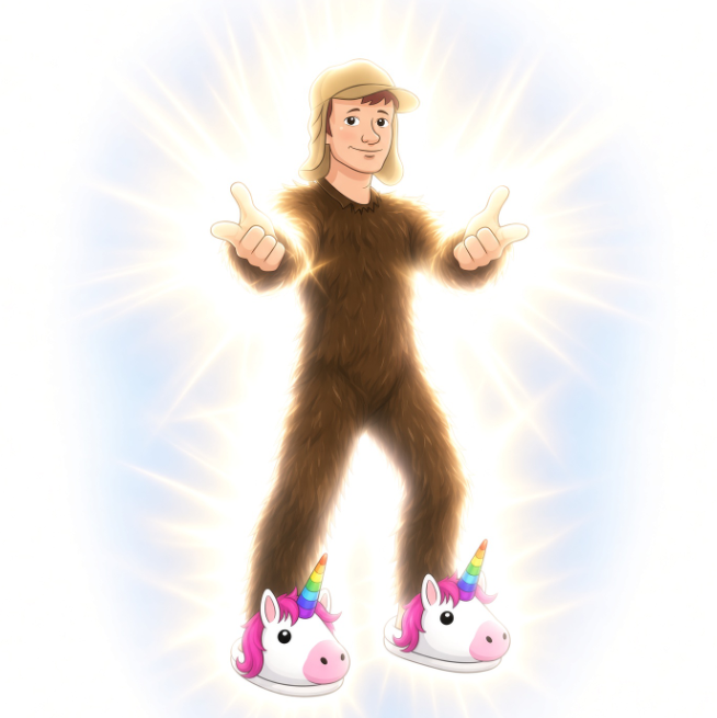 A cartoon-style illustration of a smiling person wearing a fuzzy brown full-body suit, a yellow cap, and unicorn slippers, posing with fingers pointing forward against a glowing white background.