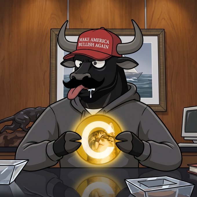 A cartoon illustration of a bull wearing a red 'MAKE AMERICA BULLISH AGAIN' cap and gray hoodie, holding a golden coin with a cat design inside it, set in an office with a yacht painting on the wall.