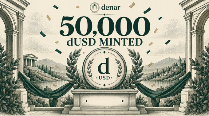 A digital illustration with classical architecture celebrating 'denar' with the text '50,000 dUSD MINTED' and a central emblem reading 'd . USD'.