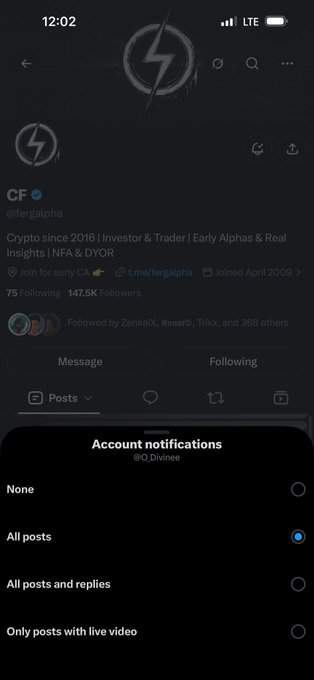 A mobile screenshot of the X (Twitter) profile for user 'CF' (@fergalpha), a crypto investor/trader since 2016 with 147.5K followers, showing account notification settings with 'All posts' selected.