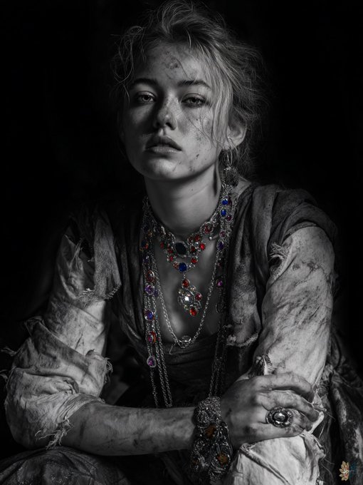 A woman covered in dust and grime, with tattered clothing, wears elaborate, sparkling jewelry, embodying the "Dust to Diamonds" theme and challenging viewers to "Dare to question her right to sparkle?"
