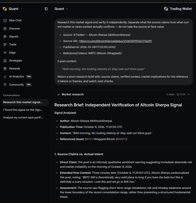 A Quant AI research dashboard analyzing an X/Twitter post by Altcoin Sherpa (@AltcoinSherpa) with the content 'BAD morning, btc looking sketchy af. Stay safe out there guys,' showing a research brief on WBTC (Bitcoin Wrapped) and addressing short-term range-breakdown risk concerns from October 8, 2026.
