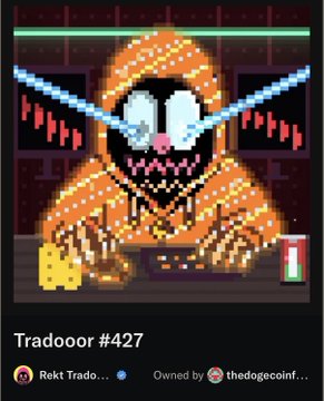Pixel art NFT labeled 'Tradooor #427' showing an orange hooded figure with glowing eyes at a trading setup, owned by 'thedogecoinf...' with artist 'Rekt Prado'.