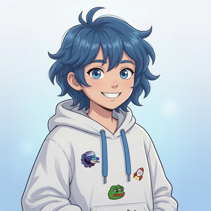 The image shows an anime-style character with messy blue hair and bright blue eyes, smiling while wearing a white hoodie decorated with whimsical pins—a frog, a rocket, and a small striped creature. The cheerful, carefree vibe of the character contrasts ironically with the post's somber, stoic message about perseverance and self-reliance, serving as a lighthearted visual companion to the serious reflective text.