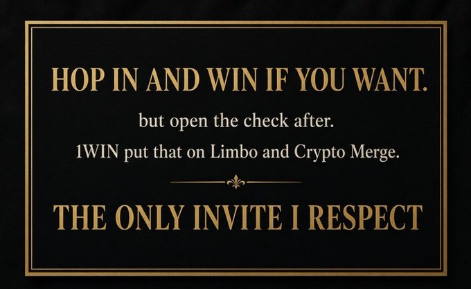 A black graphic with gold text and border reads: "HOP IN AND WIN IF YOU WANT. but open the check after. 1WIN put that on Limbo and Crypto Merge. THE ONLY INVITE I RESPECT".