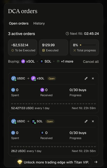 A screenshot of a DCA (Dollar-Cost Averaging) orders dashboard showing 3 active orders, with $2,532.14 to be executed and $129.99 already executed at 8% total progress, buying USDC → xSOL and SOL. The image illustrates the user's post about allocating $3,000 SGD to DCA into $SOL and $xSOL over 30 days, with the visible orders reflecting the scheduled daily purchases of 52.43 USDC for xSOL and 26.2 USDC for SOL.