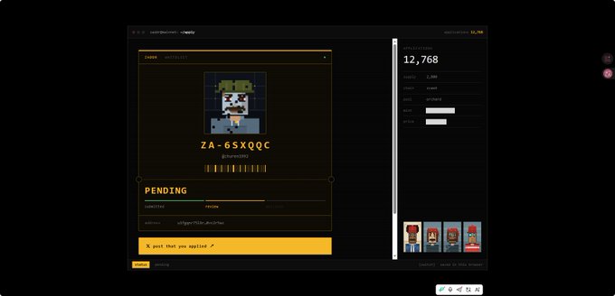 A pixel art marketplace interface displaying a pixelated character NFT named "ZA-65XQQC" with a price of 12,768 and a "PENDING" status for the user @harvx165.