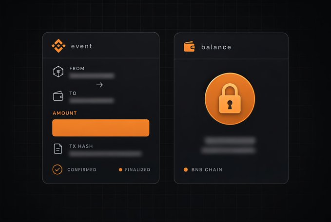 A dark-themed dashboard interface displaying 'event' and 'balance' panels, showing transaction details with 'BNB CHAIN', 'CONFIRMED', and 'FINALIZED' status indicators alongside a lock icon.