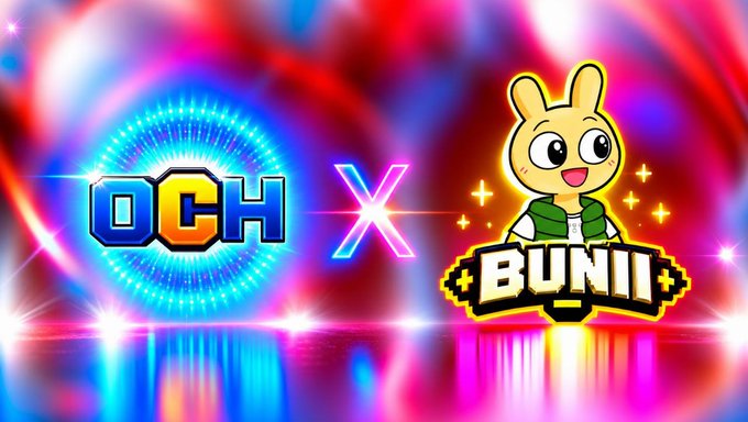 A vibrant graphic displays the text 'OCH X BUNII' alongside a cartoon rabbit mascot wearing a green vest, set against a colorful, glowing background.