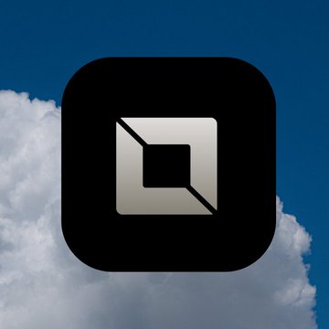 A black app icon with a silver square-within-a-square logo, set against a blue sky with white clouds.