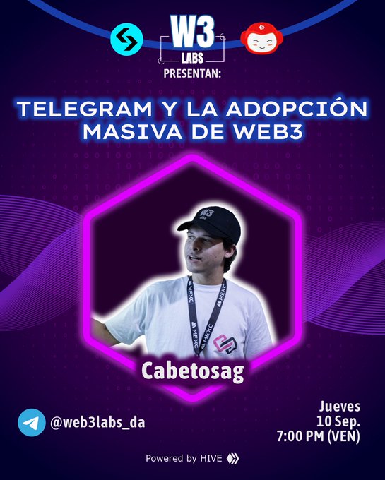 A promotional graphic for a W3 Labs event titled 'TELEGRAM Y LA ADOPCIÓN MASIVA DE WEB3' featuring a man in a cap labeled 'Cabetosag', scheduled for 'Jueves 10 Sep. 7:00 PM (VEN)' and powered by HIVE.