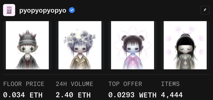 An NFT collection dashboard for 'pyopyopyopyo' showing four anime-style doll avatars, with a floor price of 0.034 ETH, 24h volume of 2.40 ETH, and 4,444 items.