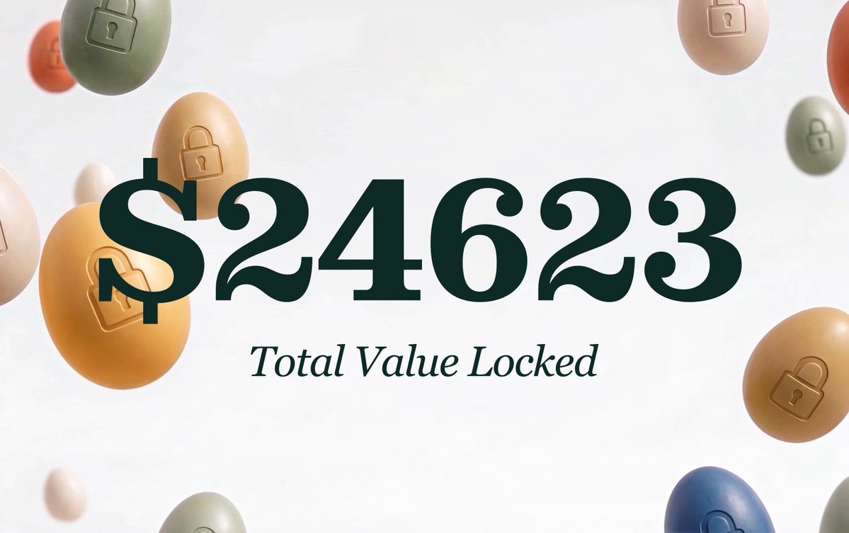The image features a white background with the words "Total Value Locked" displayed in black text. There are multiple colorful Easter eggs scattered across the top half of the image, adding an artistic touch. The eggs come in various colors such as green, orange, yellow, and red. The objects appear to be eggs in motion or floating around against a white background, creating a visually appealing scene that complements the content displayed in the image description.