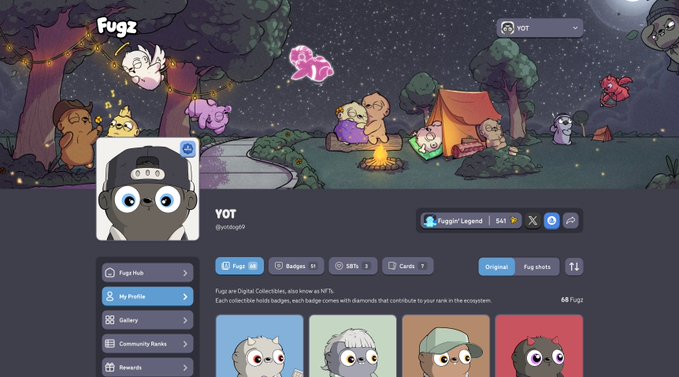 A screenshot of a digital collectibles platform showing a user profile named 'YOT' with the handle '@yotaayo' displaying NFT badges and a collection of cartoon 'Fugz' characters.