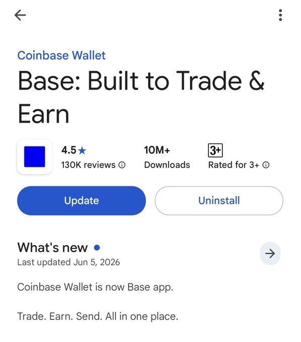 The image shows a screenshot of a base wallet update page displayed on a phone screen, likely on Coinbase's app interface. The update appears to have some new features or bug fixes that have been released, as indicated by the phrase "What's new" in the content area at the bottom left corner of the screen. The main focus is on the new feature, and it seems like the user might be curious about how things are different from what they already know about the base wallet app.